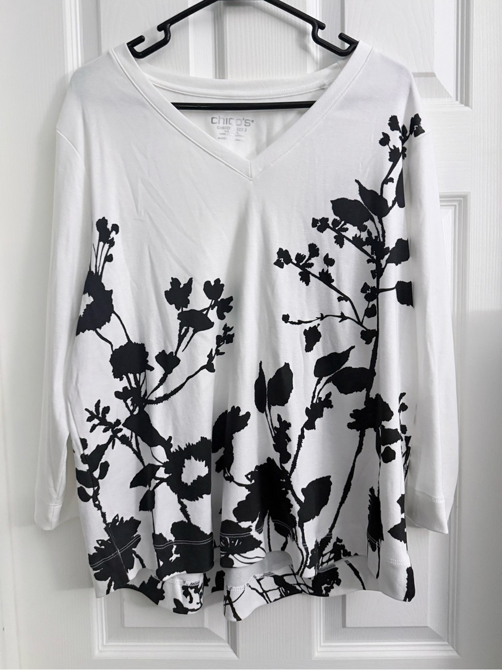 Chico's White V-Neck Top with Black Floral Silhouette